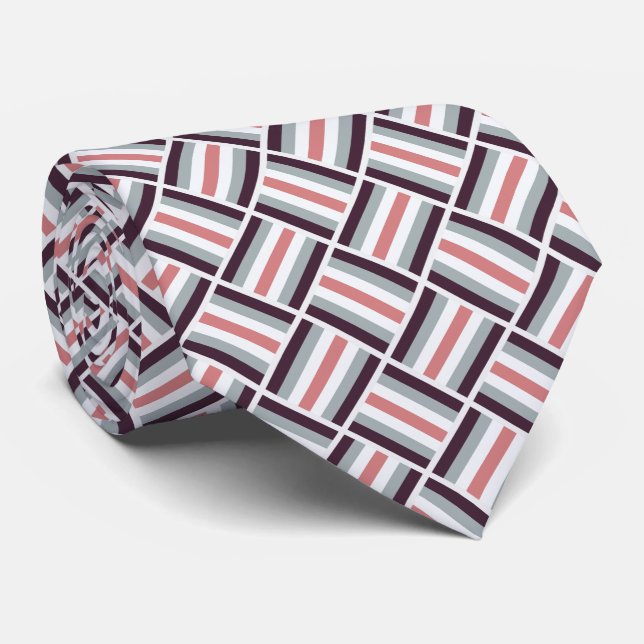 Square Pattern - Dark Red Coral Silver Neck Tie (Rolled)