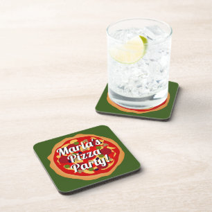 Square pepperoni pizza slice funny Birthday party Beverage Coaster