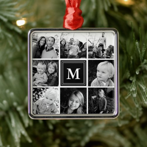 Square Photo Collage Black Monogrammed Custom Metal Ornament