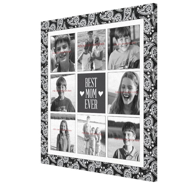 Square Photo Collage, Black&White Paisley 8 photos Canvas Print