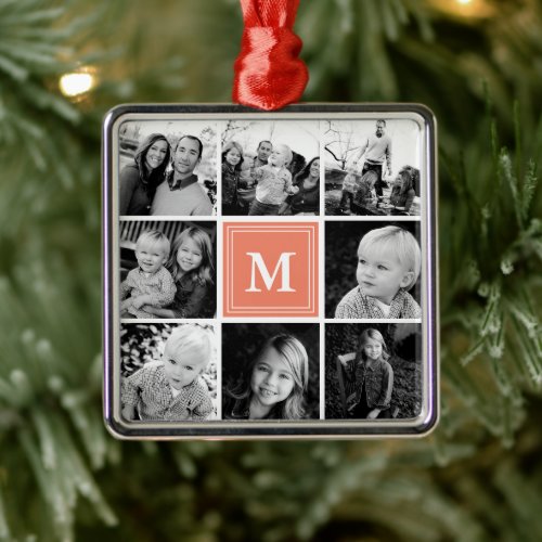 Square Photo Collage Coral Monogrammed Custom Metal Ornament