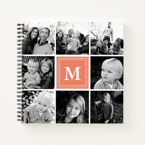 Square Photo Collage Coral Monogrammed Custom Notebook