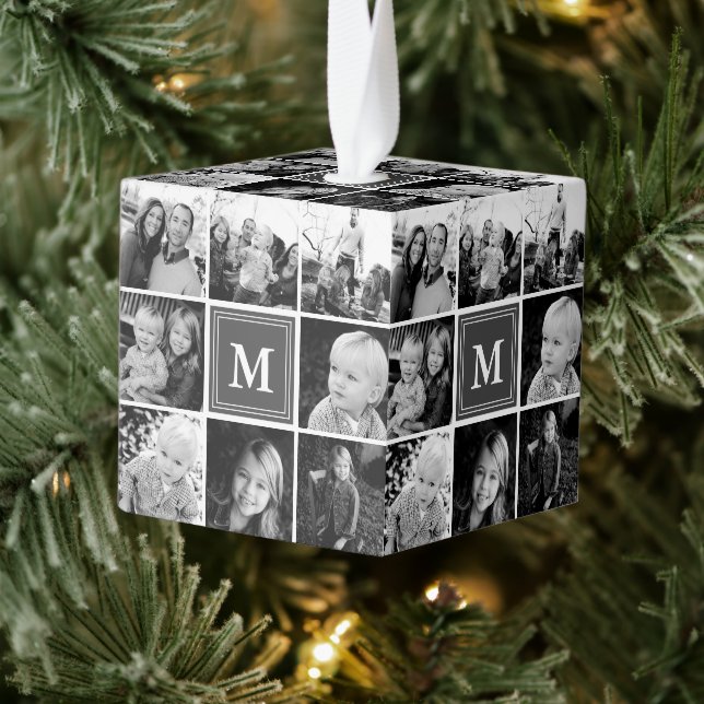 Square Photo Collage Gray Monogrammed Custom Cube Ornament (Tree)