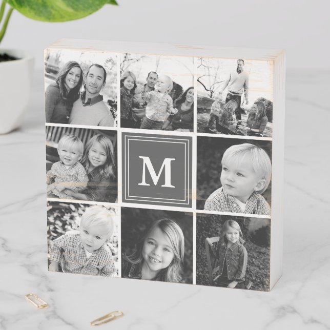 Square Photo Collage Gray Monogrammed Custom Wooden Box Sign (In Situ Horizontal)