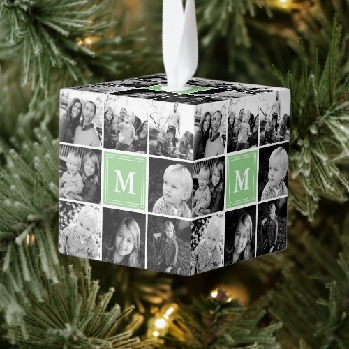 Square Photo Collage Mint Green Monogrammed Custom Cube Ornament