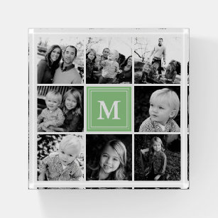 Square Photo Collage Mint Green Monogrammed Custom Paperweight