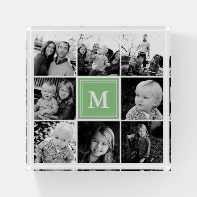 Square Photo Collage Mint Green Monogrammed Custom Paperweight (Front)