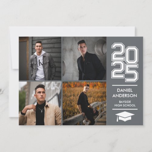 Square Photo Collage Modern Gray Graduation Invitation