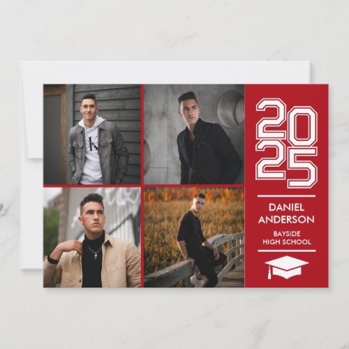 Square Photo Collage Modern Red Graduation Invitation