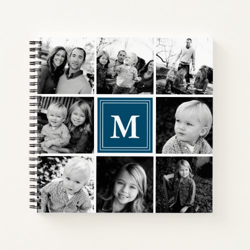 Square Photo Collage Navy Blue Monogrammed Custom Notebook