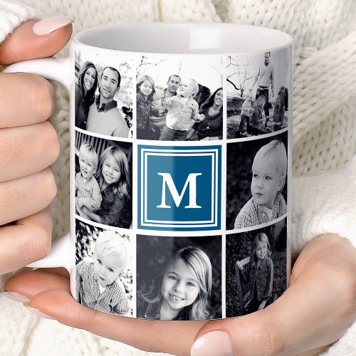 Square Photo Collage Navy Monogrammed Custom Coffee Mug