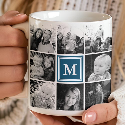 Square Photo Collage Navy Monogrammed Custom Coffee Mug
