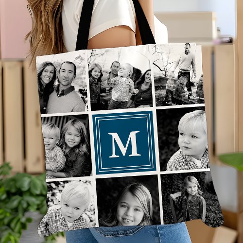 Square Photo Collage Navy Monogrammed Custom Tote Bag