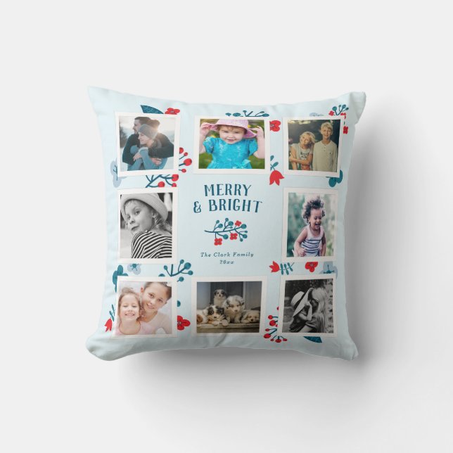 Square Photo Collage Personalized Holiday Gift Throw Pillow (Front)