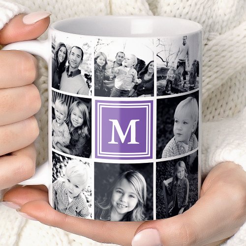 Square Photo Collage Purple Monogrammed Custom Coffee Mug