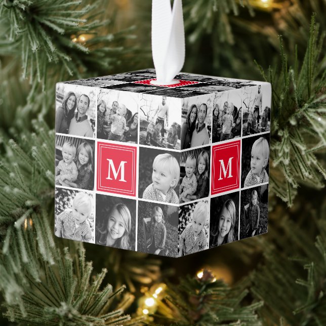Square Photo Collage Red Monogrammed Custom Cube Ornament (Tree)