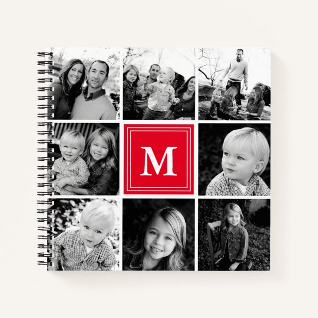 Square Photo Collage Red Monogrammed Custom Notebook (Front)
