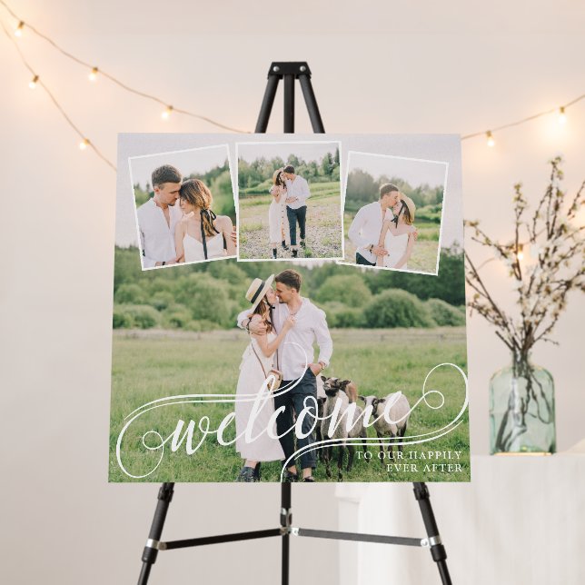 Square Photo Collage Swirly Welcome Wedding Foam Board (In Situ (Stand))