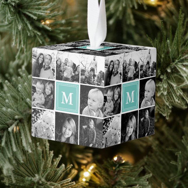 Square Photo Collage Teal Monogrammed Custom Cube Ornament (Tree)