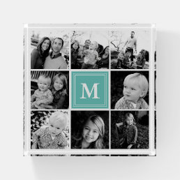 Square Photo Collage Teal Monogrammed Custom Paperweight