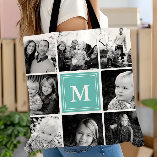 Square Photo Collage Teal Monogrammed Custom Tote Bag