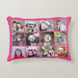 Square Photo Collage - Up to 12 photos Bright Pink Accent Pillow