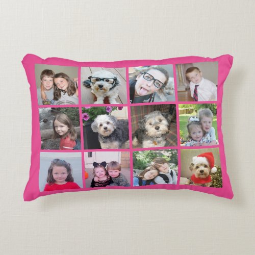 Square Photo Collage _ Up to 12 photos Bright Pink Accent Pillow