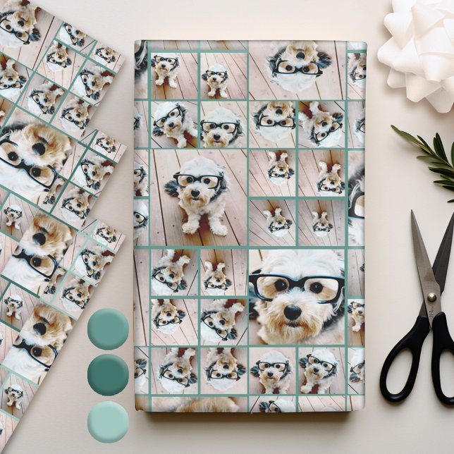Square Photo Collage - Up to 14 photos Teal Green Wrapping Paper Sheets (Personalized Photo Wrapping Paper)