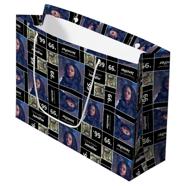 Square Photo Graduation Class Year Black Large Gift Bag (Front Angled)