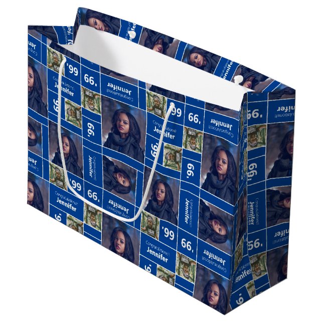 Square Photo Graduation Class Year Blue Large Gift Bag (Front Angled)