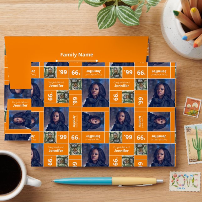 Square Photo Graduation Class Year Orange Envelope (Desk)