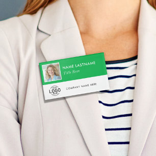Square Photo ID Logo Green White Magnetic Large Name Tag