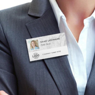 Square Photo Logo Faux Marble White Magnetic Large Name Tag