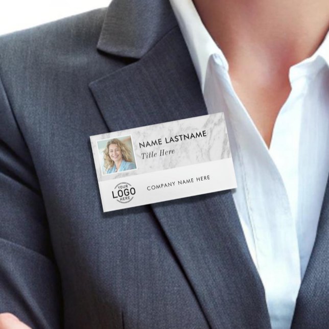 Square Photo Logo Faux Marble White Magnetic Large Name Tag (Creator Uploaded)