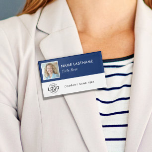 Square Photo Logo Navy Blue White Magnetic Large Name Tag