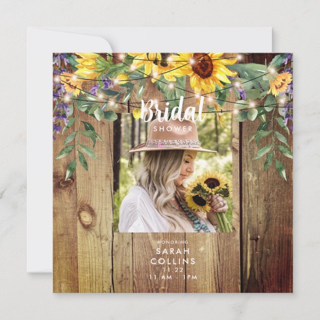 Square Photo Rustic Sunflower Bridal Shower  Invitation (Front)