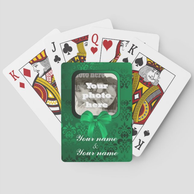 Square photo template on green damask poker cards (Back)