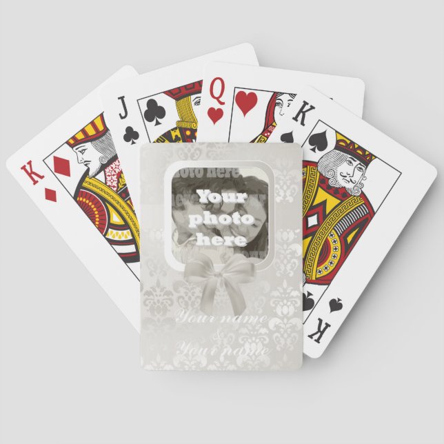 Square photo template on white damask poker cards (Back)