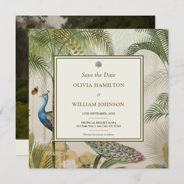 Square Photo Tropical Peacock Palm Save the Date  (Front/Back)