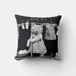 Square Pillow, Cat Hanging Laundry Throw Pillow