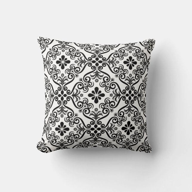Square Pillow Floral Black White Damask (Front)
