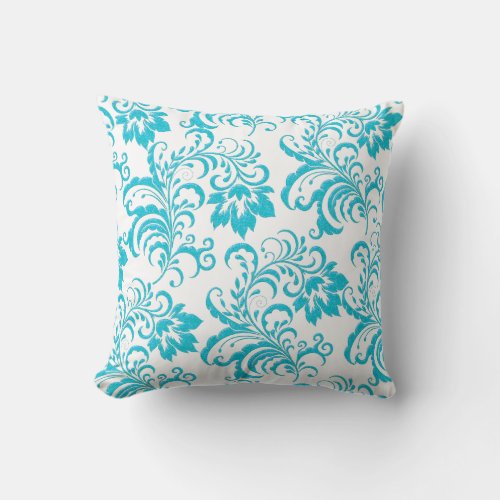 Square Pillow Teal Blue Aqua White Damask Floral