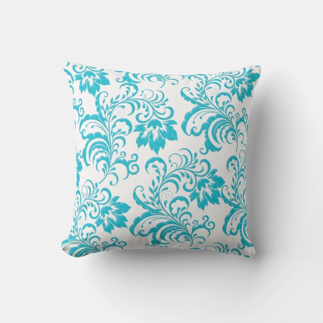 Square Pillow Teal Blue Aqua White Damask Floral (Front)