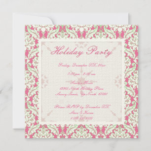 Square Pink and Green Damask Holiday Party Invite