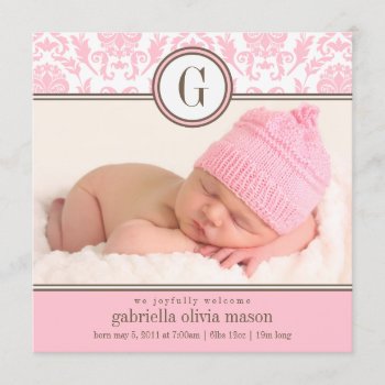 Square Pink Damask | Birth Announcement by PinkMoonPaperie at Zazzle