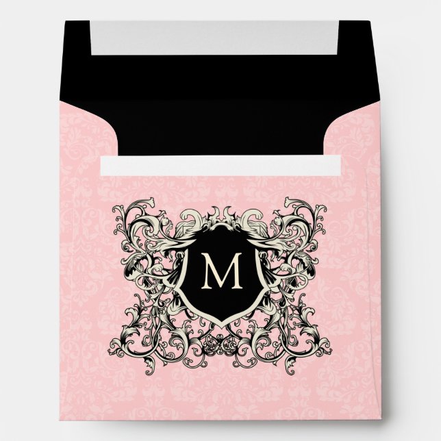 Square Pink Damask Monogrammed Envelopes (Back (Bottom))