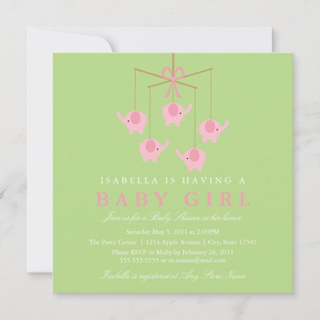 Square Pink Elephant Moblie Baby Shower Invitation (Front)