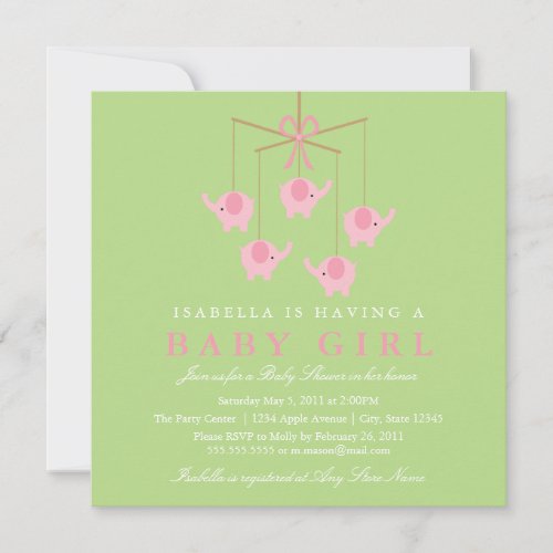 Square Pink Elephant Moblie Baby Shower Invitation
