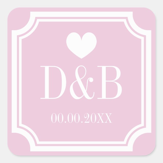 Square pink monogrammed small wedding favor sticker (Front)