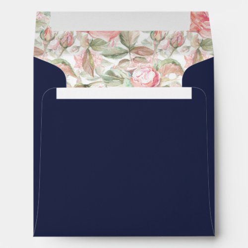 Square Pink Navy Blue Roses Wedding Address Envelope